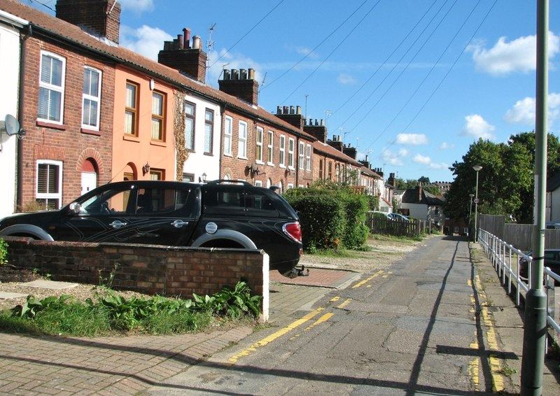 Row of English terraced houses with bay windows
